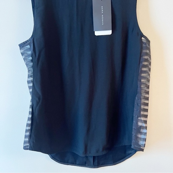 Zara Black Tank top Sheer Striped Side Panels Size Medium NEW $59 Round Neck - Picture 3 of 10